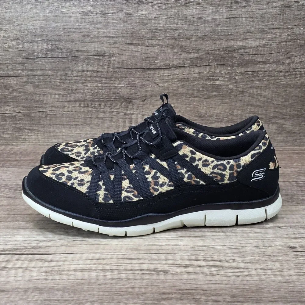 Skechers Gratis Wild Vibes Women's Sz 10 Black Brown Leopard Print Slip On Shoes